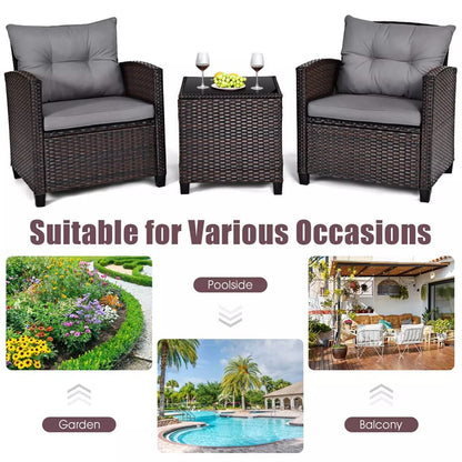 3PCS Rattan Patio Furniture Set with Washable Cushions & Tempered Glass Coffee Table, Outdoor Wicker Conversation Set for Garden, Balcony