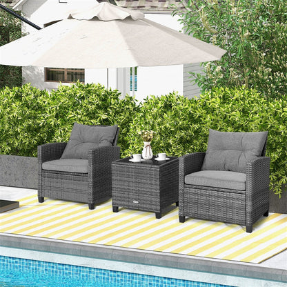 3PCS Patio Rattan Furniture Set Outdoor Conversation Set Wicker Bistro Set with Cushioned Chairs & Tempered Glass Side Table