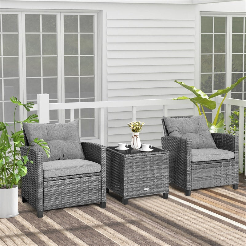 3PCS Patio Rattan Furniture Set Outdoor Conversation Set Wicker Bistro Set with Cushioned Chairs & Tempered Glass Side Table