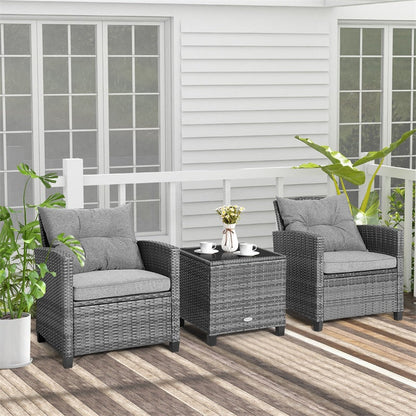 3PCS Patio Rattan Furniture Set Outdoor Conversation Set Wicker Bistro Set with Cushioned Chairs & Tempered Glass Side Table