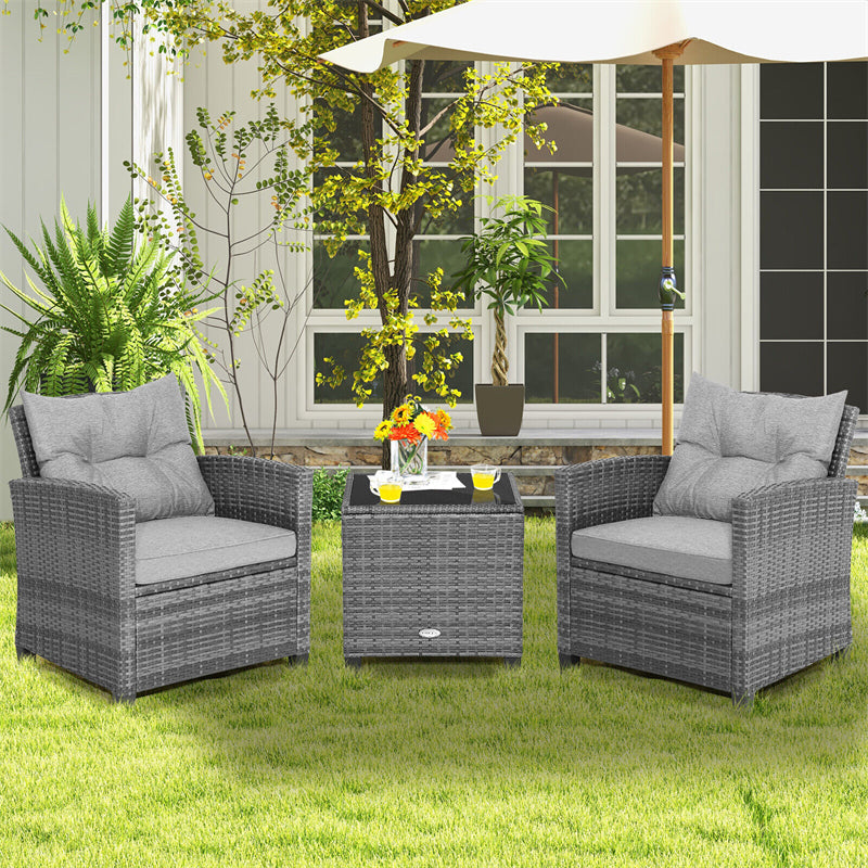 3PCS Patio Rattan Furniture Set Outdoor Conversation Set Wicker Bistro Set with Cushioned Chairs & Tempered Glass Side Table