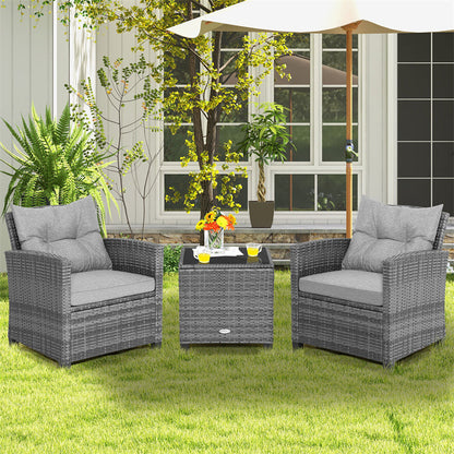3PCS Patio Rattan Furniture Set Outdoor Conversation Set Wicker Bistro Set with Cushioned Chairs & Tempered Glass Side Table