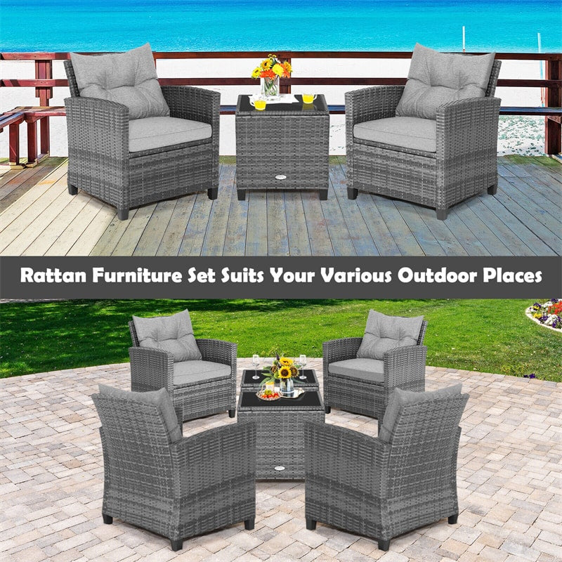 3PCS Patio Rattan Furniture Set Outdoor Conversation Set Wicker Bistro Set with Cushioned Chairs & Tempered Glass Side Table