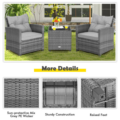 3PCS Patio Rattan Furniture Set Outdoor Conversation Set Wicker Bistro Set with Cushioned Chairs & Tempered Glass Side Table