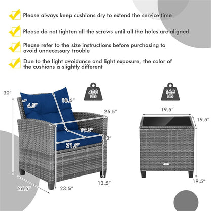 3PCS Patio Rattan Furniture Set Outdoor Conversation Set Wicker Bistro Set with Cushioned Chairs & Tempered Glass Side Table