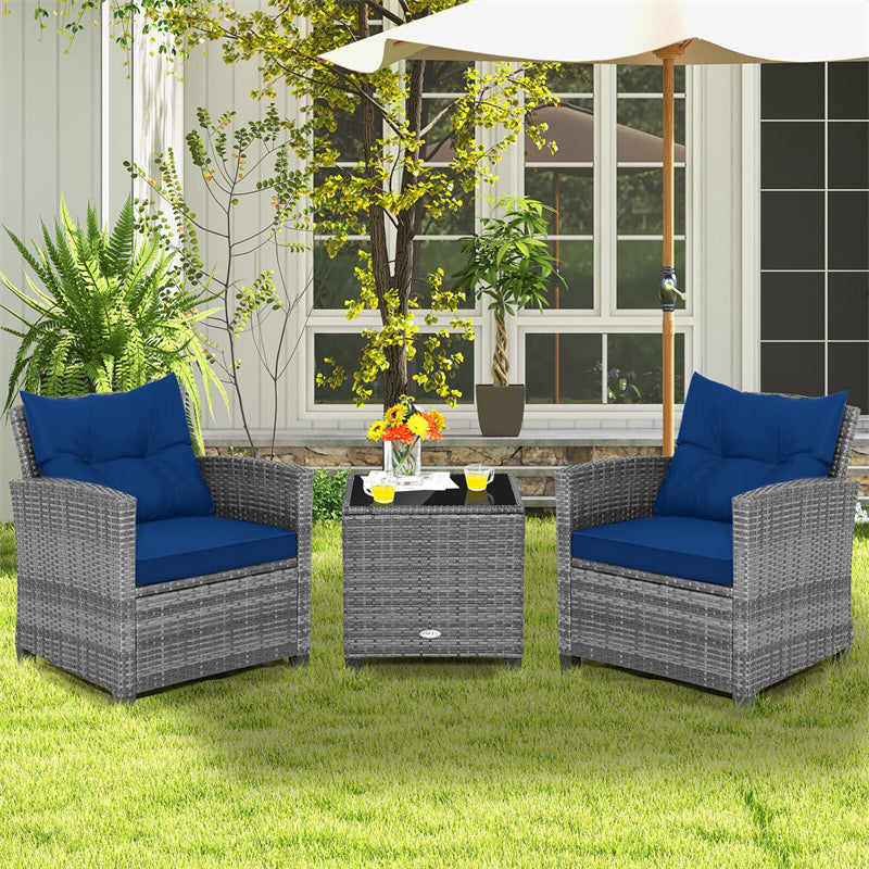 3PCS Patio Rattan Furniture Set Outdoor Conversation Set Wicker Bistro Set with Cushioned Chairs & Tempered Glass Side Table