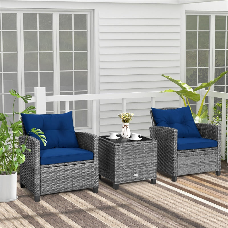 3PCS Patio Rattan Furniture Set Outdoor Conversation Set Wicker Bistro Set with Cushioned Chairs & Tempered Glass Side Table