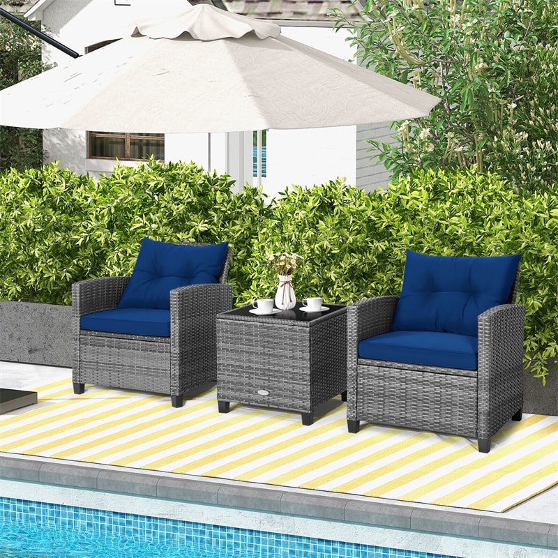 3PCS Patio Rattan Furniture Set Outdoor Conversation Set Wicker Bistro Set with Cushioned Chairs & Tempered Glass Side Table