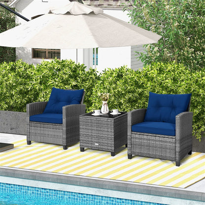 3PCS Patio Rattan Furniture Set Outdoor Conversation Set Wicker Bistro Set with Cushioned Chairs & Tempered Glass Side Table