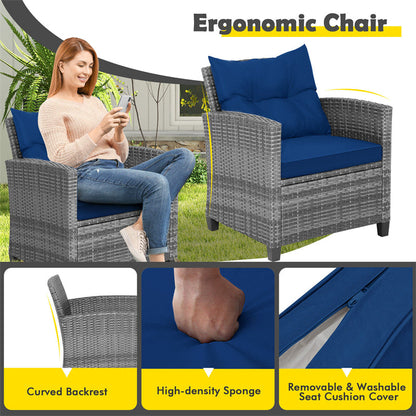 3PCS Patio Rattan Furniture Set Outdoor Conversation Set Wicker Bistro Set with Cushioned Chairs & Tempered Glass Side Table