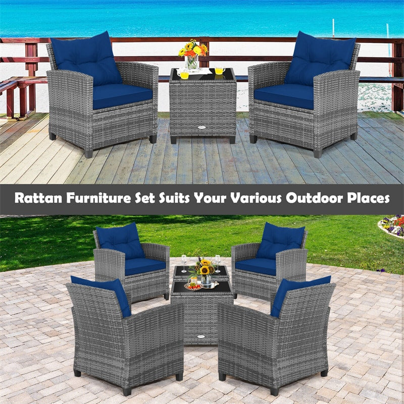 3PCS Patio Rattan Furniture Set Outdoor Conversation Set Wicker Bistro Set with Cushioned Chairs & Tempered Glass Side Table