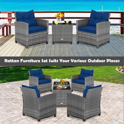 3PCS Patio Rattan Furniture Set Outdoor Conversation Set Wicker Bistro Set with Cushioned Chairs & Tempered Glass Side Table