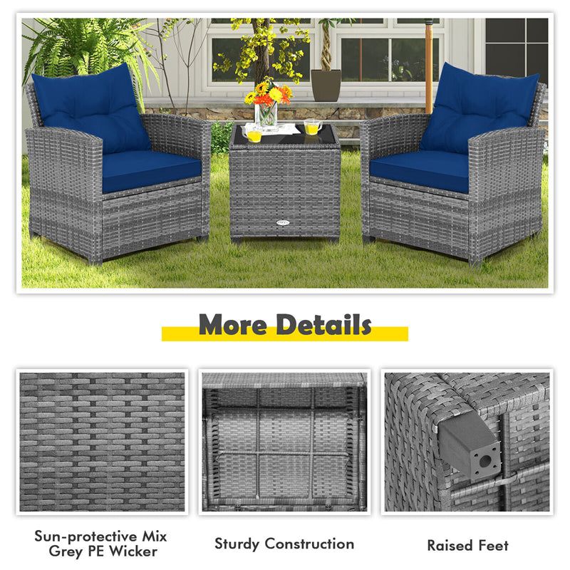 3PCS Patio Rattan Furniture Set Outdoor Conversation Set Wicker Bistro Set with Cushioned Chairs & Tempered Glass Side Table