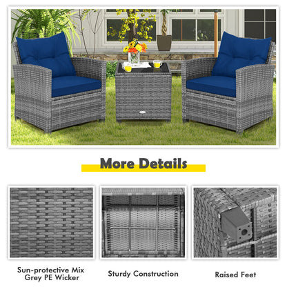 3PCS Patio Rattan Furniture Set Outdoor Conversation Set Wicker Bistro Set with Cushioned Chairs & Tempered Glass Side Table