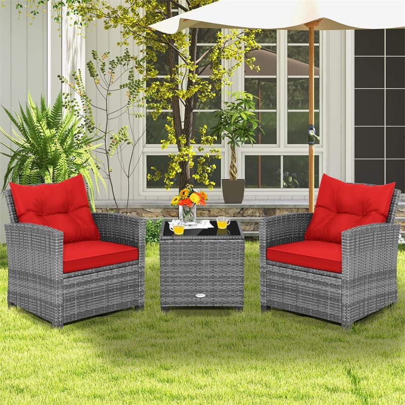 3PCS Patio Rattan Furniture Set Outdoor Conversation Set Wicker Bistro Set with Cushioned Chairs & Tempered Glass Side Table