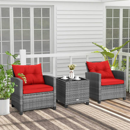 3PCS Patio Rattan Furniture Set Outdoor Conversation Set Wicker Bistro Set with Cushioned Chairs & Tempered Glass Side Table