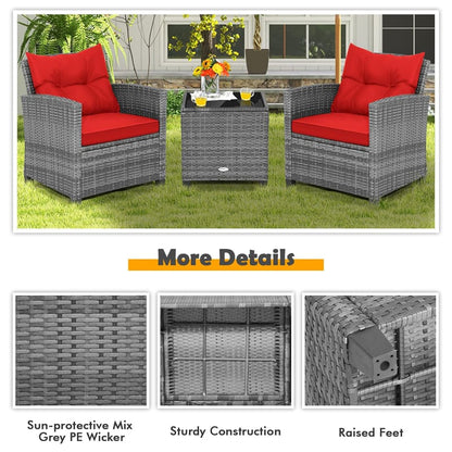 3PCS Patio Rattan Furniture Set Outdoor Conversation Set Wicker Bistro Set with Cushioned Chairs & Tempered Glass Side Table
