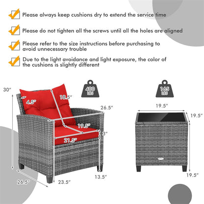 3PCS Patio Rattan Furniture Set Outdoor Conversation Set Wicker Bistro Set with Cushioned Chairs & Tempered Glass Side Table