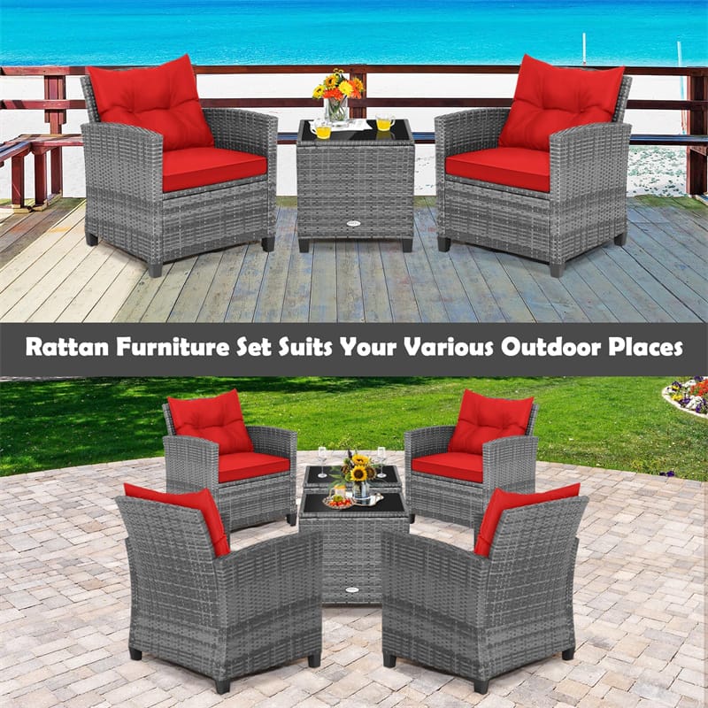 3PCS Patio Rattan Furniture Set Outdoor Conversation Set Wicker Bistro Set with Cushioned Chairs & Tempered Glass Side Table