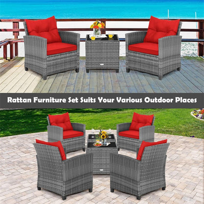 3PCS Patio Rattan Furniture Set Outdoor Conversation Set Wicker Bistro Set with Cushioned Chairs & Tempered Glass Side Table