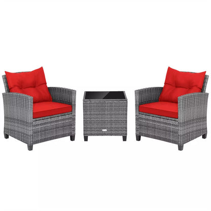 3PCS Patio Rattan Furniture Set Outdoor Conversation Set Wicker Bistro Set with Cushioned Chairs & Tempered Glass Side Table