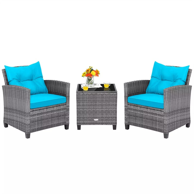 3PCS Patio Rattan Furniture Set Outdoor Conversation Set Wicker Bistro Set with Cushioned Chairs & Tempered Glass Side Table