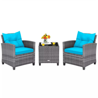 3PCS Patio Rattan Furniture Set Outdoor Conversation Set Wicker Bistro Set with Cushioned Chairs & Tempered Glass Side Table