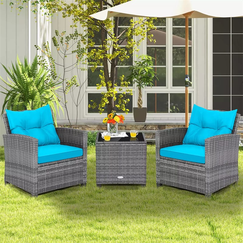3PCS Patio Rattan Furniture Set Outdoor Conversation Set Wicker Bistro Set with Cushioned Chairs & Tempered Glass Side Table