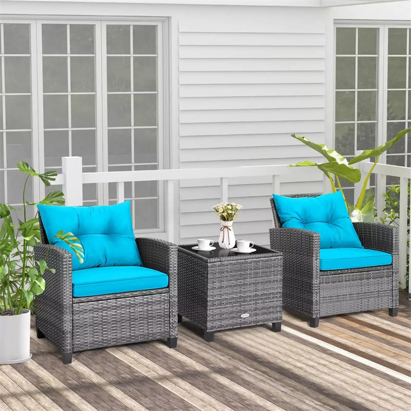 3PCS Patio Rattan Furniture Set Outdoor Conversation Set Wicker Bistro Set with Cushioned Chairs & Tempered Glass Side Table
