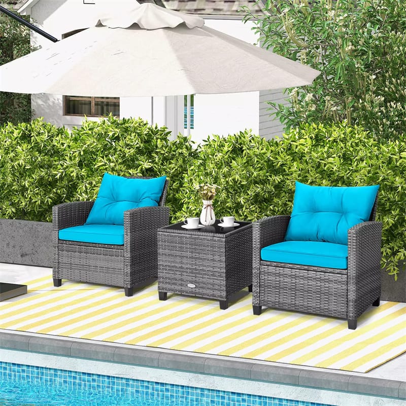 3PCS Patio Rattan Furniture Set Outdoor Conversation Set Wicker Bistro Set with Cushioned Chairs & Tempered Glass Side Table