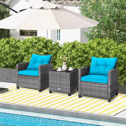 3PCS Patio Rattan Furniture Set Outdoor Conversation Set Wicker Bistro Set with Cushioned Chairs & Tempered Glass Side Table