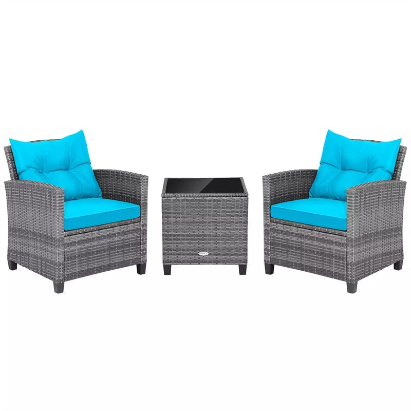 3PCS Patio Rattan Furniture Set Outdoor Conversation Set Wicker Bistro Set with Cushioned Chairs & Tempered Glass Side Table