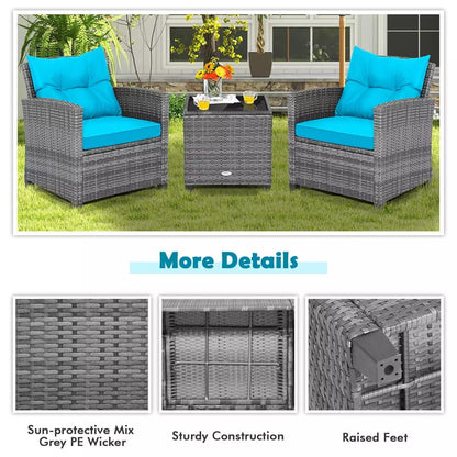 3PCS Patio Rattan Furniture Set Outdoor Conversation Set Wicker Bistro Set with Cushioned Chairs & Tempered Glass Side Table
