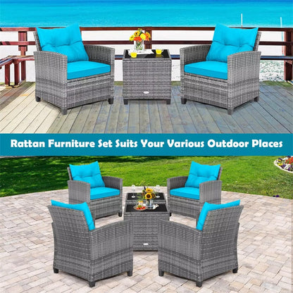 3PCS Patio Rattan Furniture Set Outdoor Conversation Set Wicker Bistro Set with Cushioned Chairs & Tempered Glass Side Table