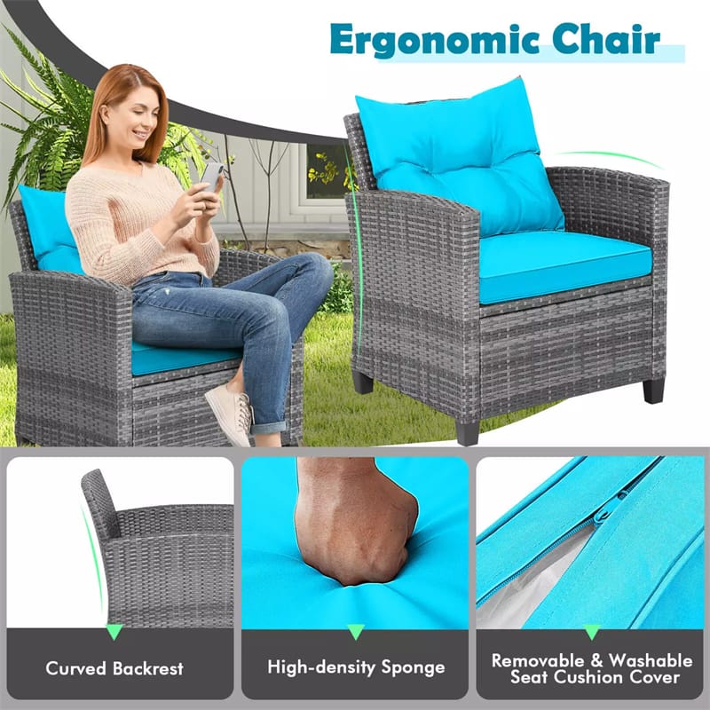 3PCS Patio Rattan Furniture Set Outdoor Conversation Set Wicker Bistro Set with Cushioned Chairs & Tempered Glass Side Table