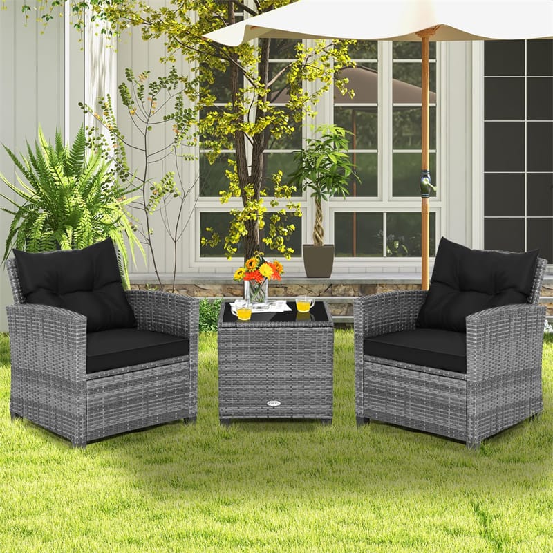 3PCS Patio Rattan Furniture Set Outdoor Conversation Set Wicker Bistro Set with Cushioned Chairs & Tempered Glass Side Table