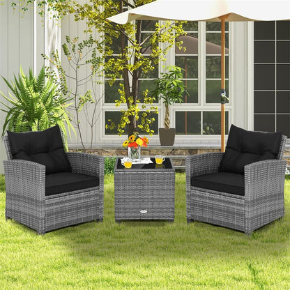 3PCS Patio Rattan Furniture Set Outdoor Conversation Set Wicker Bistro Set with Cushioned Chairs & Tempered Glass Side Table