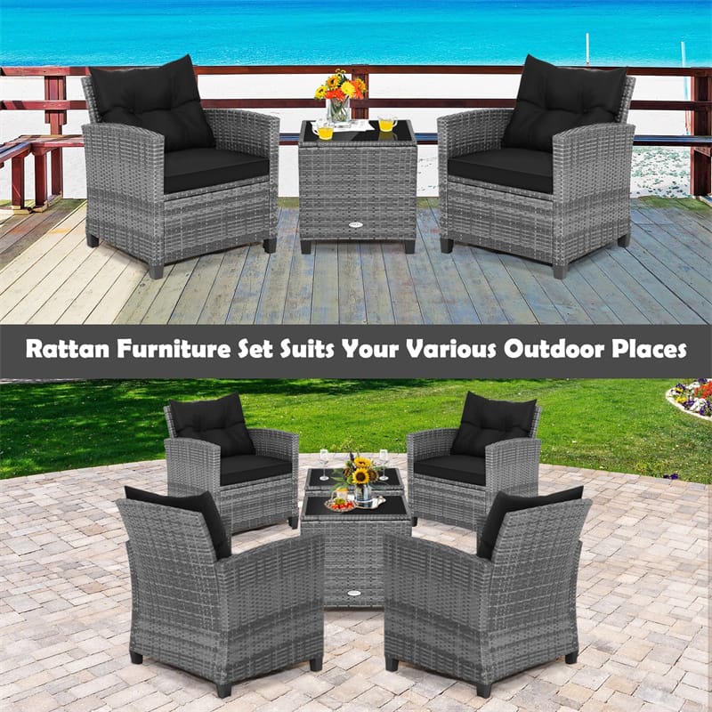 3PCS Patio Rattan Furniture Set Outdoor Conversation Set Wicker Bistro Set with Cushioned Chairs & Tempered Glass Side Table