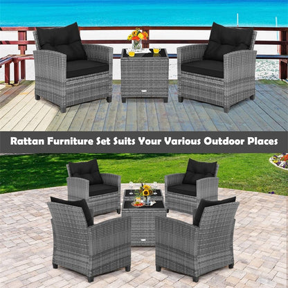 3PCS Patio Rattan Furniture Set Outdoor Conversation Set Wicker Bistro Set with Cushioned Chairs & Tempered Glass Side Table