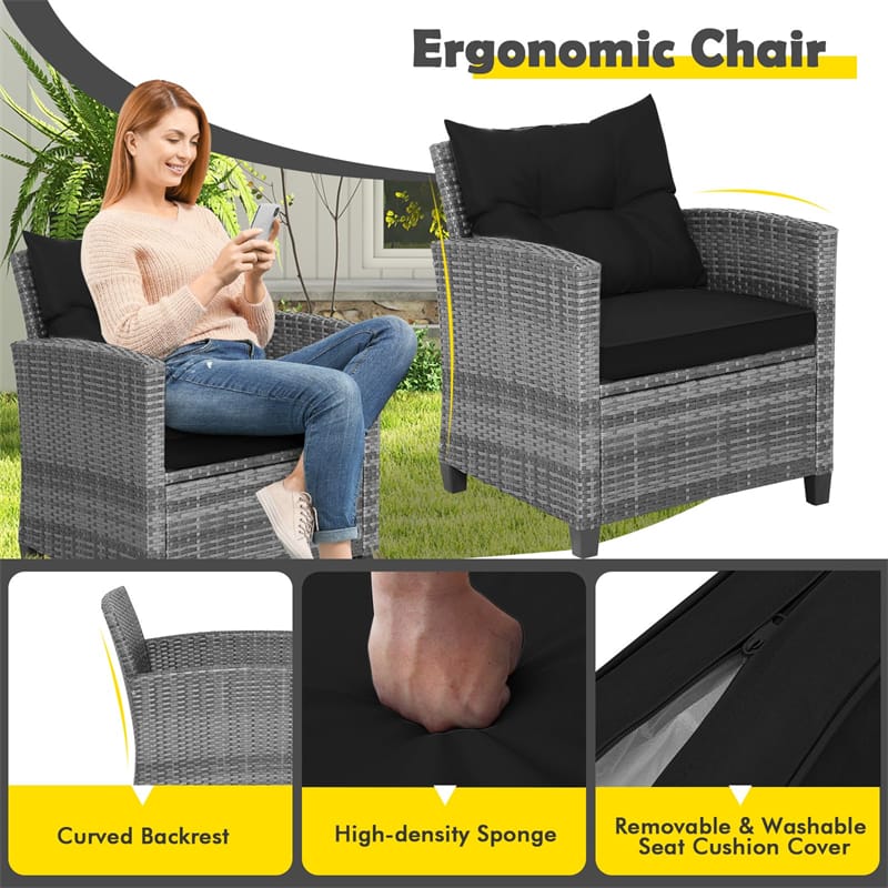 3PCS Patio Rattan Furniture Set Outdoor Conversation Set Wicker Bistro Set with Cushioned Chairs & Tempered Glass Side Table