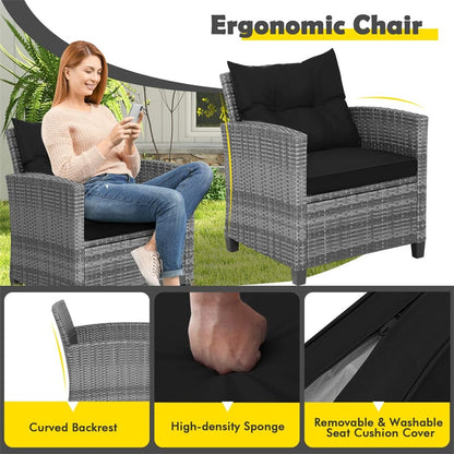 3PCS Patio Rattan Furniture Set Outdoor Conversation Set Wicker Bistro Set with Cushioned Chairs & Tempered Glass Side Table