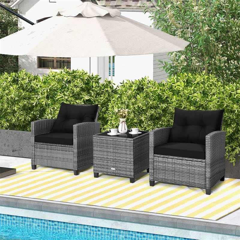 3PCS Patio Rattan Furniture Set Outdoor Conversation Set Wicker Bistro Set with Cushioned Chairs & Tempered Glass Side Table