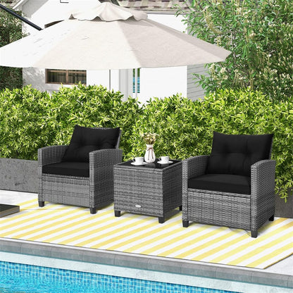 3PCS Patio Rattan Furniture Set Outdoor Conversation Set Wicker Bistro Set with Cushioned Chairs & Tempered Glass Side Table
