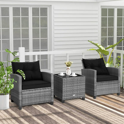 3PCS Patio Rattan Furniture Set Outdoor Conversation Set Wicker Bistro Set with Cushioned Chairs & Tempered Glass Side Table