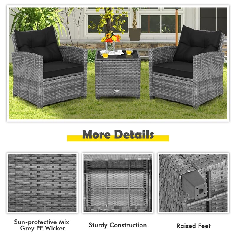 3PCS Patio Rattan Furniture Set Outdoor Conversation Set Wicker Bistro Set with Cushioned Chairs & Tempered Glass Side Table