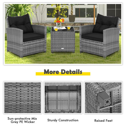 3PCS Patio Rattan Furniture Set Outdoor Conversation Set Wicker Bistro Set with Cushioned Chairs & Tempered Glass Side Table