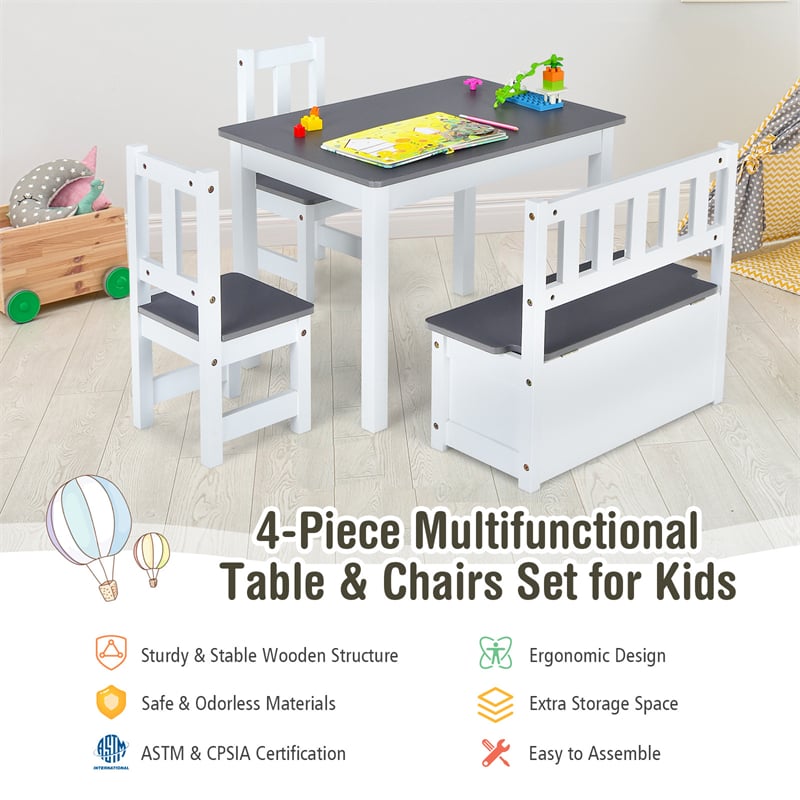 2-in-1 Kids Table & Chair Set, Wood Activity Table with Toy Storage Bench & 2 Chairs for Reading, Crafts, Playroom, Toddler Table and Chairs
