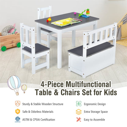 2-in-1 Kids Table & Chair Set, Wood Activity Table with Toy Storage Bench & 2 Chairs for Reading, Crafts, Playroom, Toddler Table and Chairs