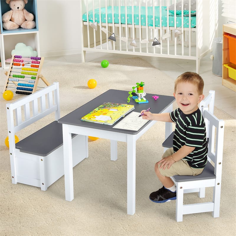 2-in-1 Kids Table & Chair Set, Wood Activity Table with Toy Storage Bench & 2 Chairs for Reading, Crafts, Playroom, Toddler Table and Chairs