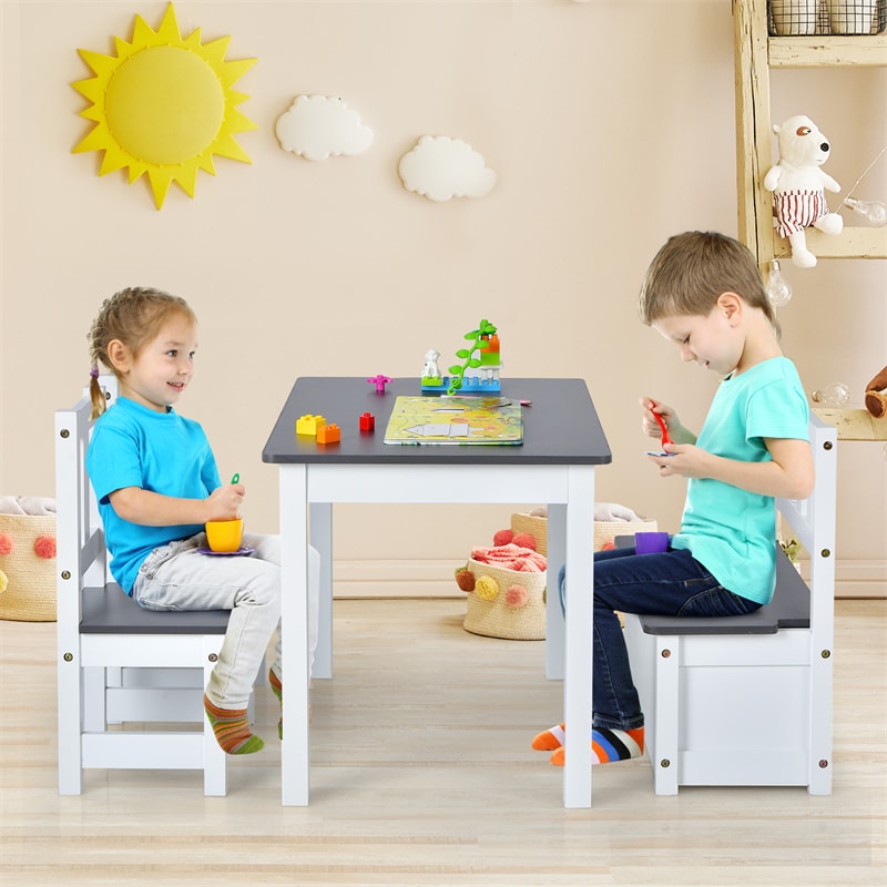 2-in-1 Kids Table & Chair Set, Wood Activity Table with Toy Storage Bench & 2 Chairs for Reading, Crafts, Playroom, Toddler Table and Chairs